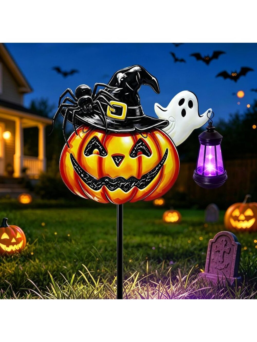 Halloween Pumpkin Lantern Outdoor Iron Pumpkin w/ Witch Hat & Spider Yard Decor